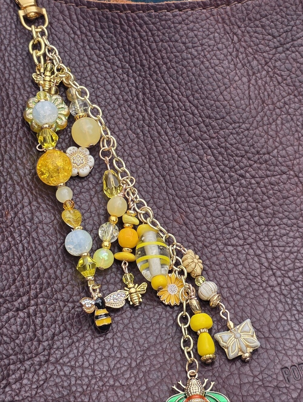 Beaded yellow and gold toned Bee and Flower Bag Charm
